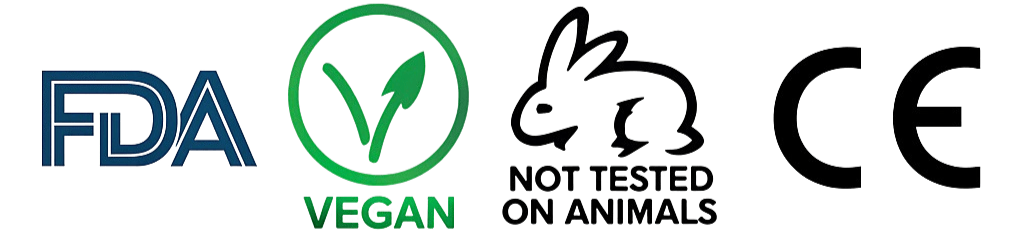 Set of certification logos including FDA, Vegan, Not Tested on Animals, and CE on a green background