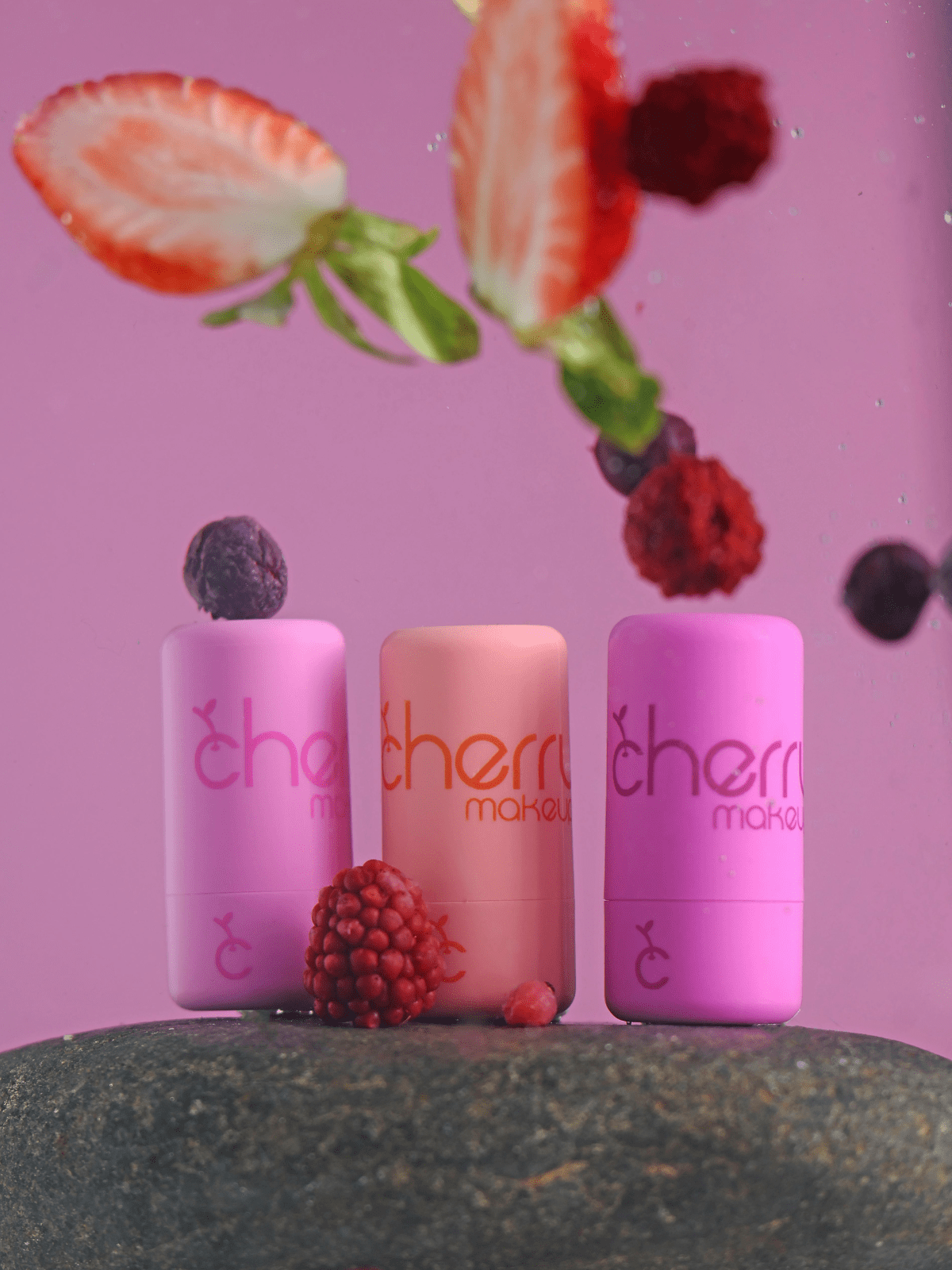 Cherry Makeup Jelly Tints collection on a pink background