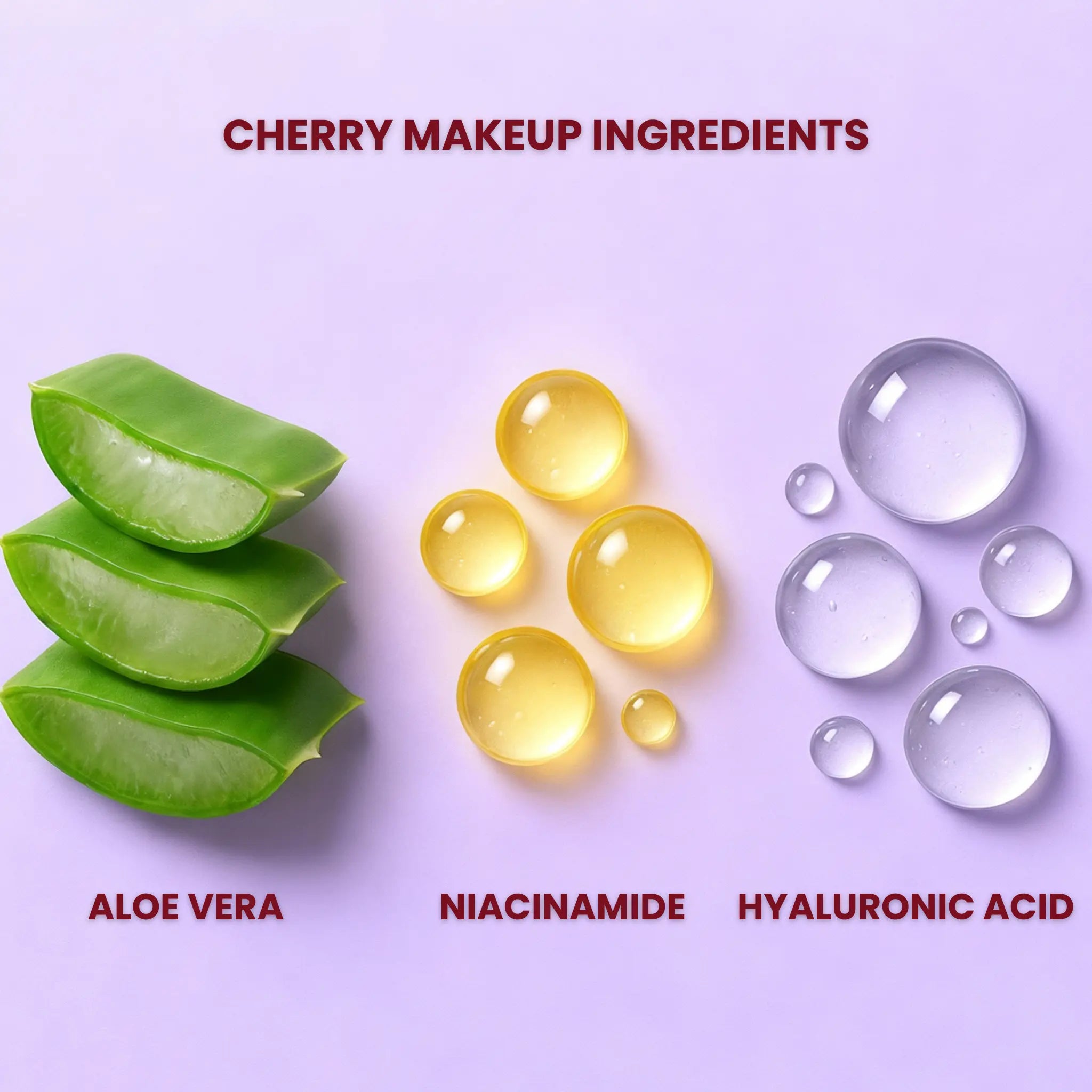 Cherry makeup ingredients including aloe vera, niacinamide, and hyaluronic acid on a light purple background.