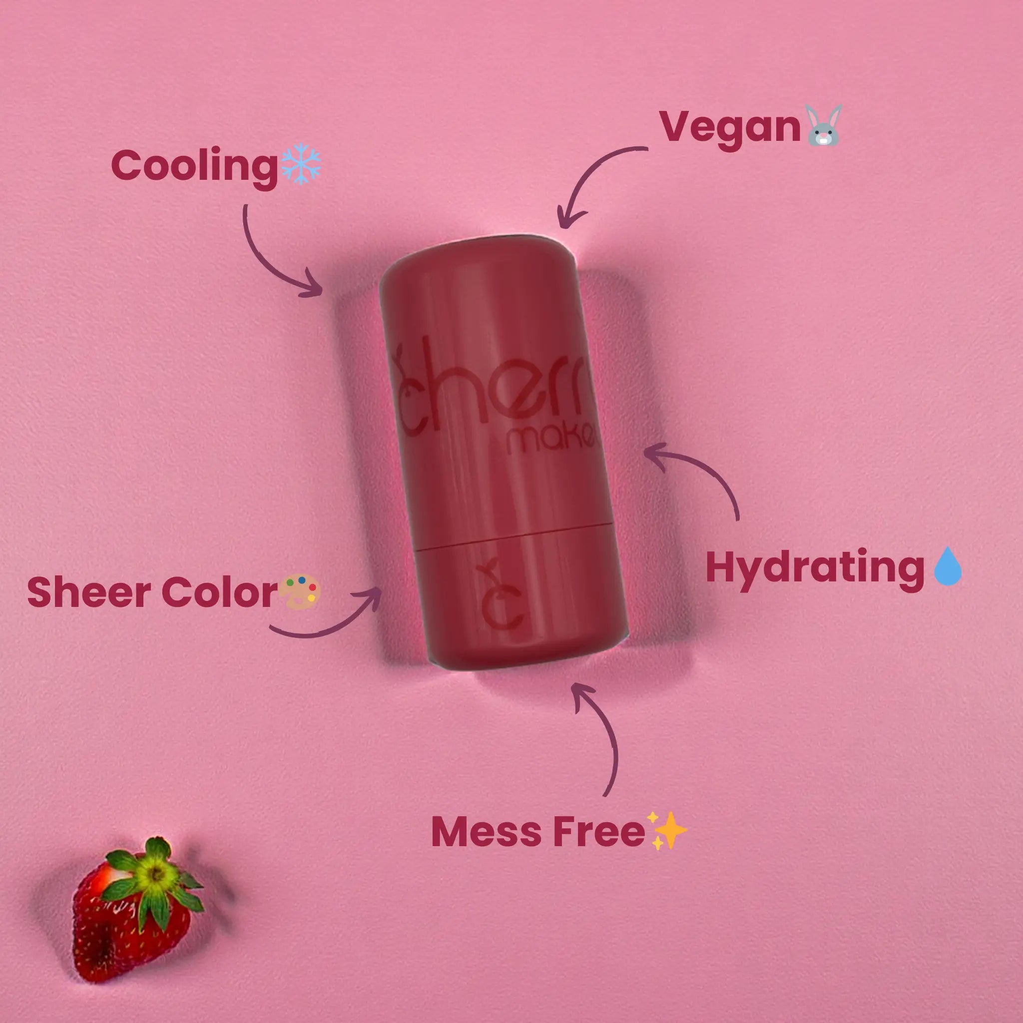 Red lipstick stick with features on a pink background, including 'Cooling', 'Vegan', 'Sheer Color', 'Hydrating', and 'Mess Free'.